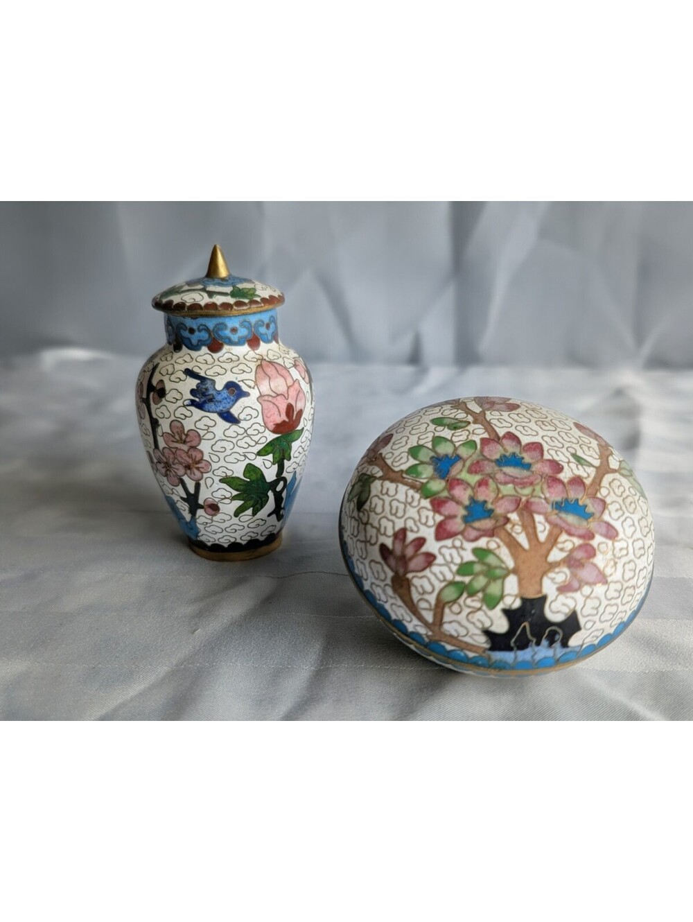 Cloisonne Ginger Jar and Trinket Box Set Floral Bird Decor